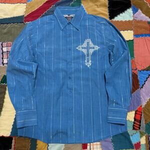Sel General Y2K Cross and Wings Blue Button Up Shirt Medium